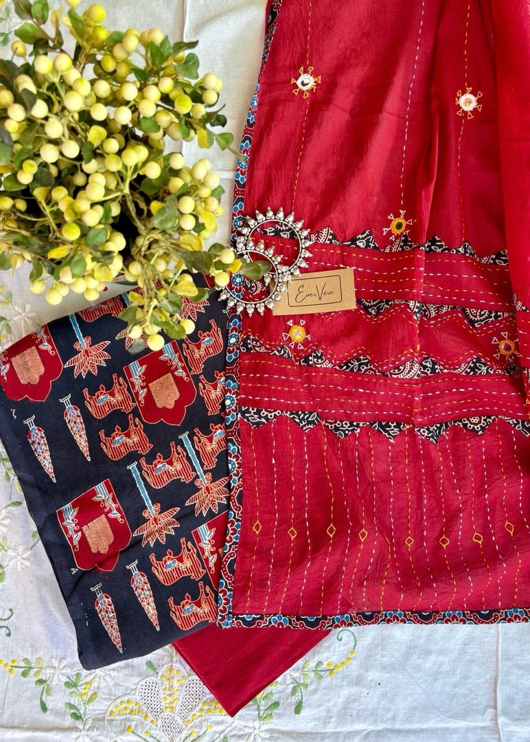 Black Ajrak Cotton Suit & Red Mirror Work Mulmul Dupatta