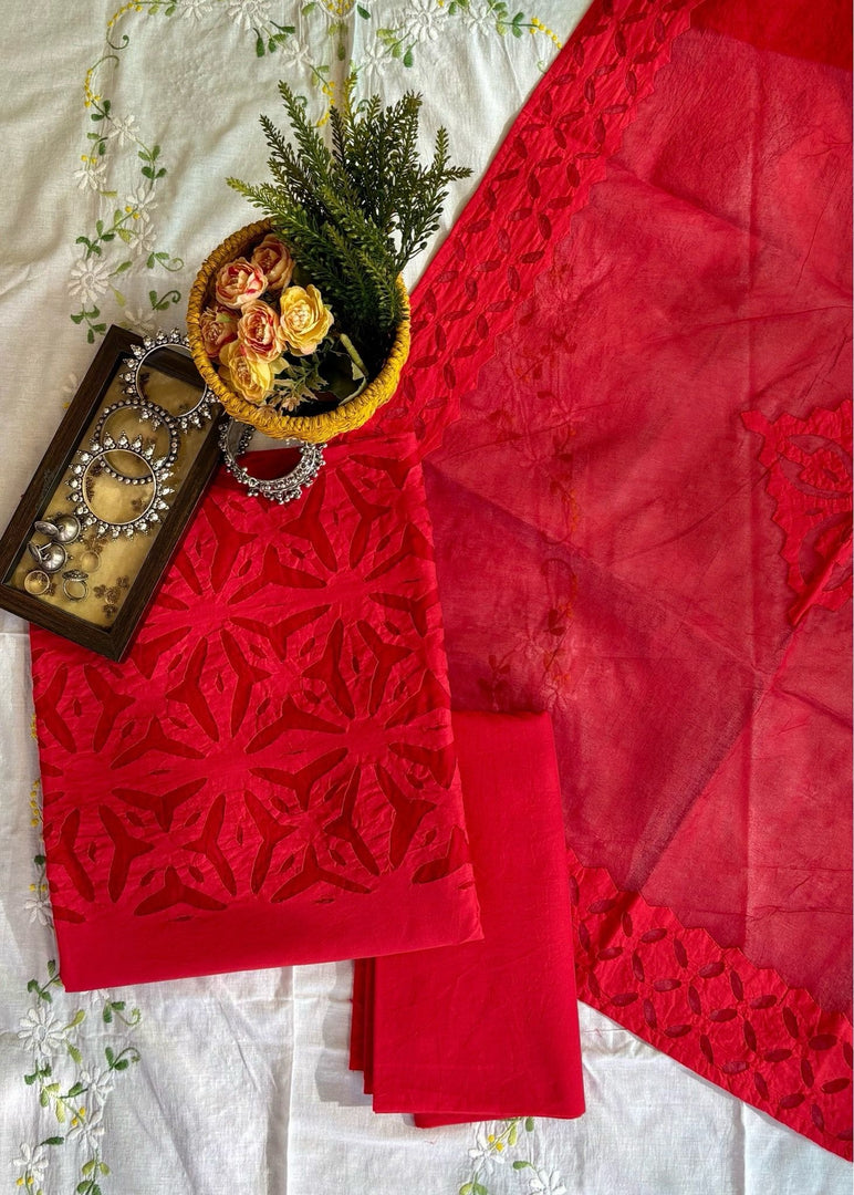 Red Cotton Applique Suit & Dupatta