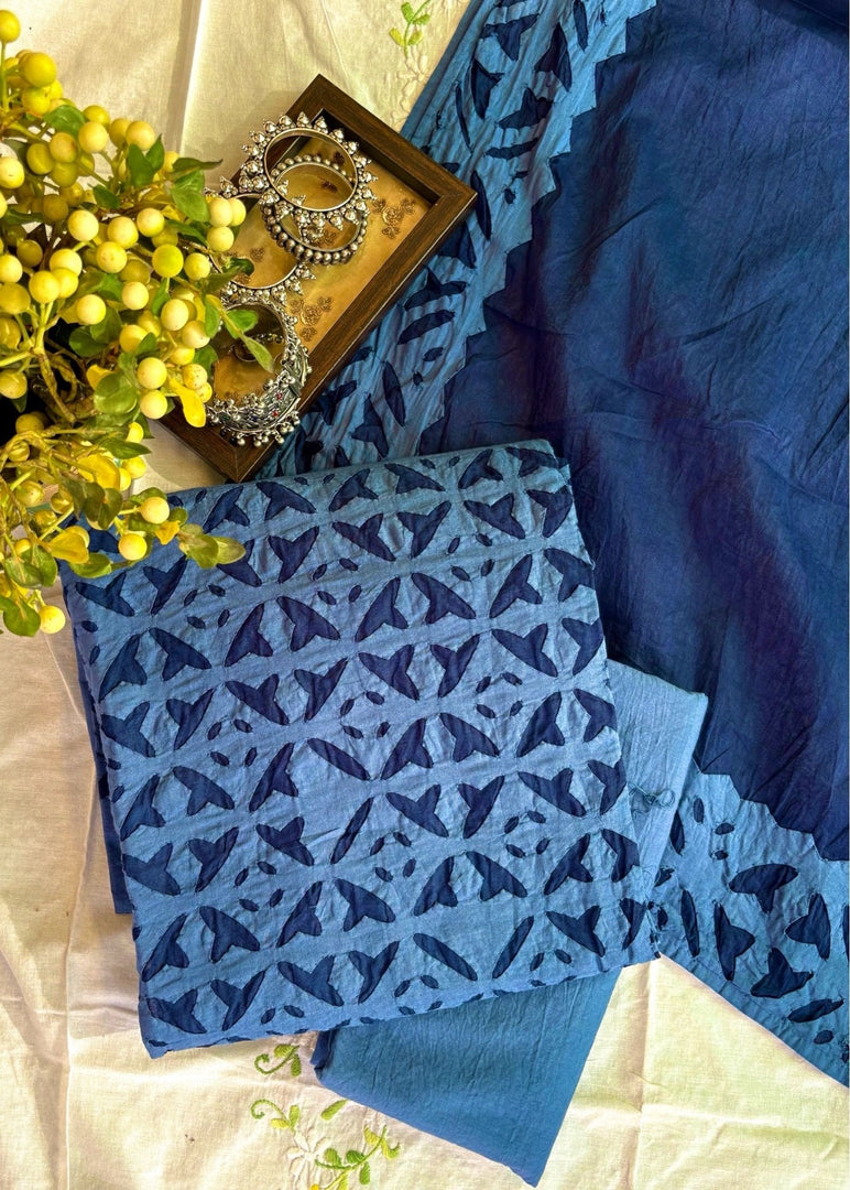 Blue Cotton Applique Suit & Dupatta