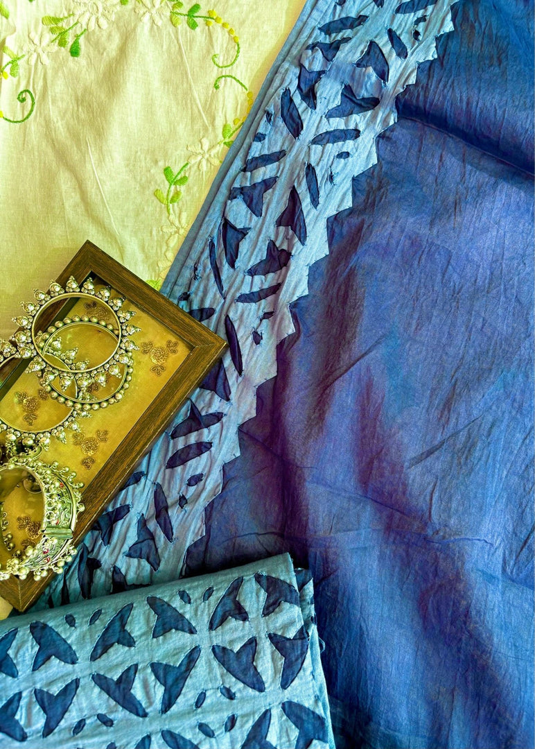 Blue Cotton Applique Suit & Dupatta