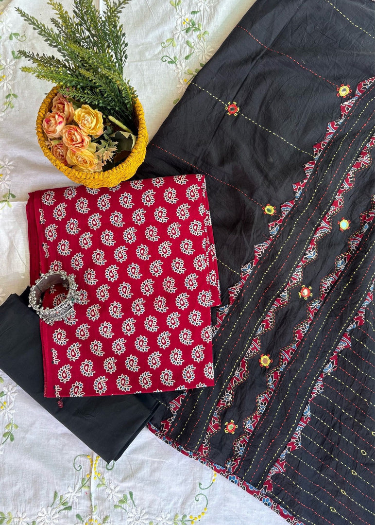 Maroon Ajrak Cotton Suit & Black Mirror Work Mulmul Dupatta