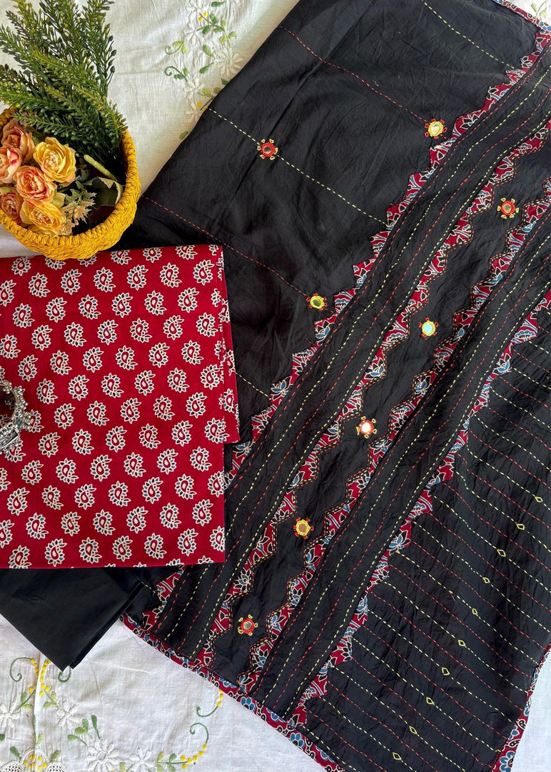 Maroon Ajrak Cotton Suit & Black Mirror Work Mulmul Dupatta