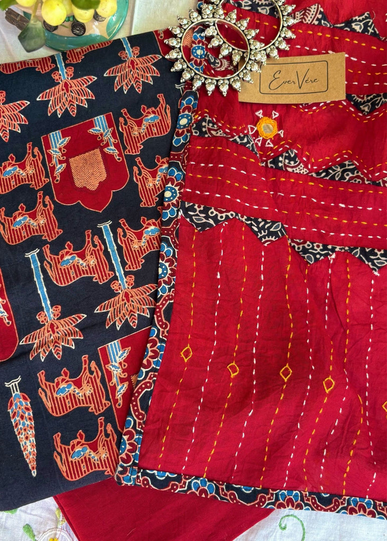 Black Ajrak Cotton Suit & Red Mirror Work Mulmul Dupatta