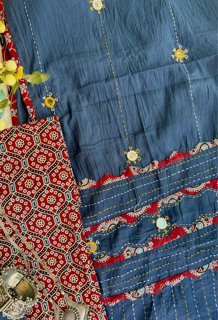 Maroon Ajrak Cotton Suit & Blue Mirror Work Mulmul Dupatta