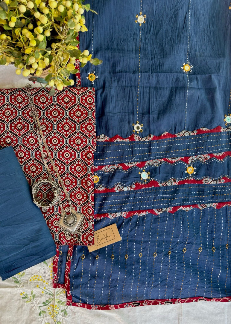 Maroon Ajrak Cotton Suit & Blue Mirror Work Mulmul Dupatta