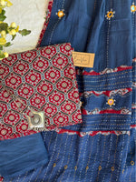 Load image into Gallery viewer, Maroon Ajrak Cotton Suit &amp; Blue Mirror Work Mulmul Dupatta
