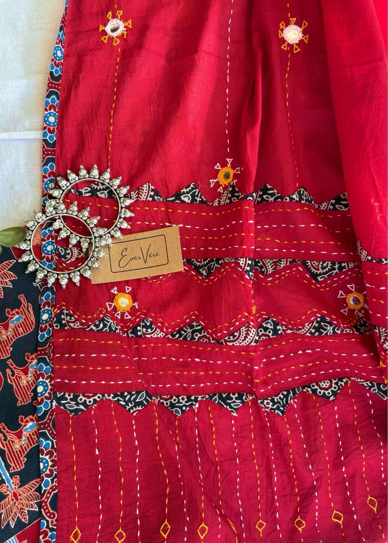 Black Ajrak Cotton Suit & Red Mirror Work Mulmul Dupatta