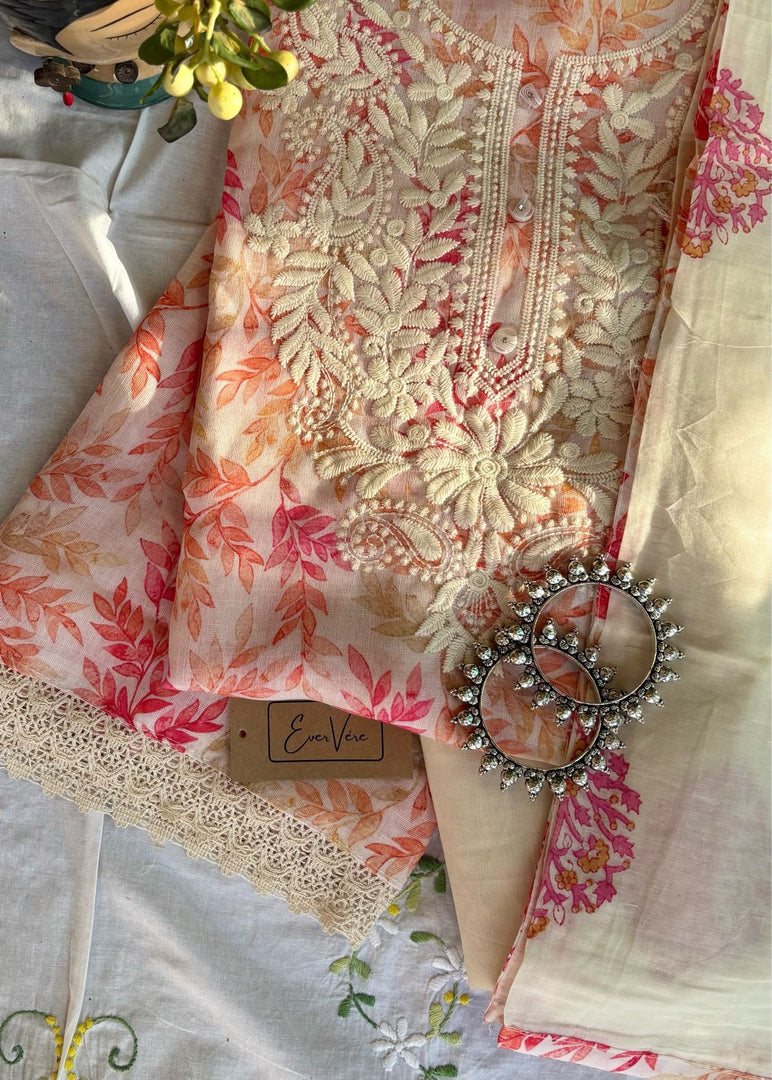 White Floral Cotton-Linen Suit & Cotton Dupatta