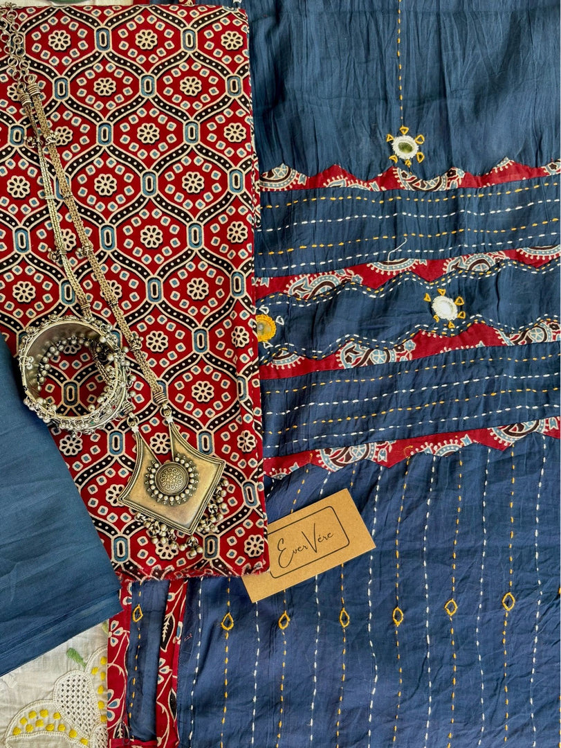 Maroon Ajrak Cotton Suit & Blue Mirror Work Mulmul Dupatta