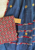 Load image into Gallery viewer, Maroon Ajrak Cotton Suit &amp; Blue Mirror Work Mulmul Dupatta
