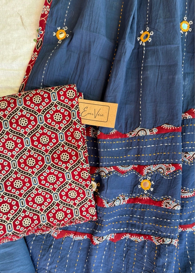 Maroon Ajrak Cotton Suit & Blue Mirror Work Mulmul Dupatta