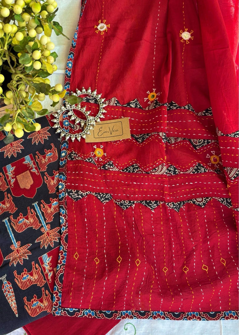 Black Ajrak Cotton Suit & Red Mirror Work Mulmul Dupatta