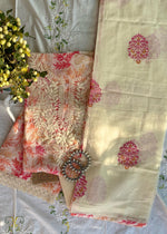 Load image into Gallery viewer, White Floral Cotton-Linen Suit &amp; Cotton Dupatta
