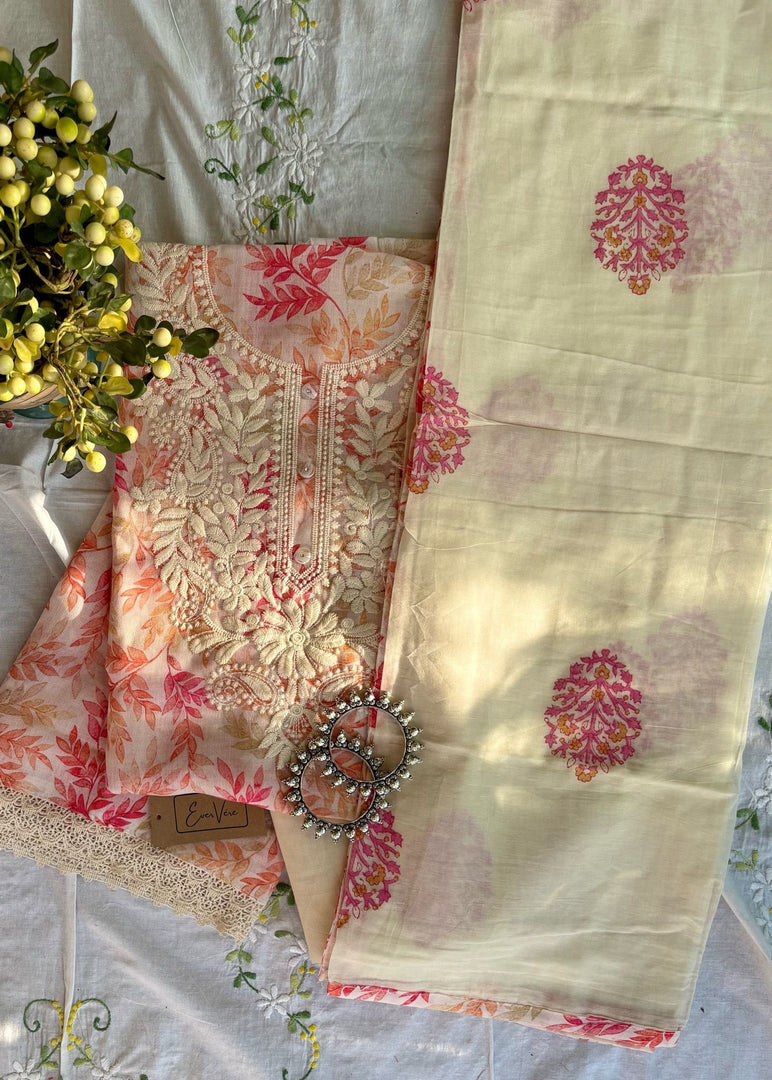 White Floral Cotton-Linen Suit & Cotton Dupatta
