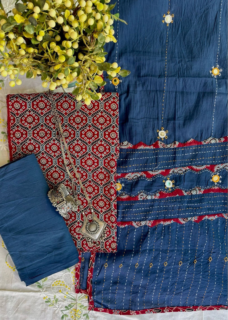 Maroon Ajrak Cotton Suit & Blue Mirror Work Mulmul Dupatta