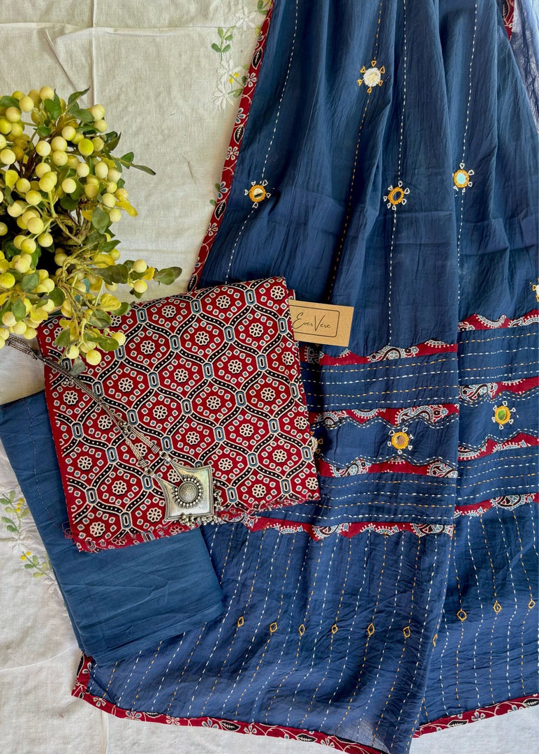 Maroon Ajrak Cotton Suit & Blue Mirror Work Mulmul Dupatta