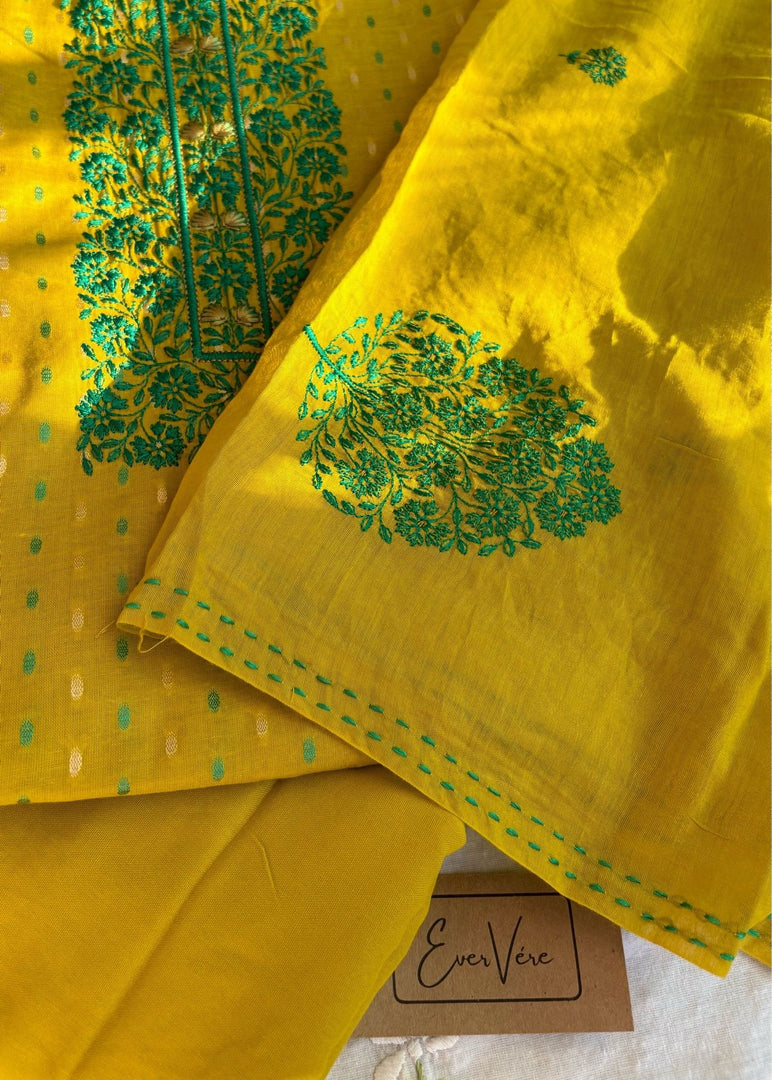 Mustard Malai Cotton Embroidery Suit & Dupatta