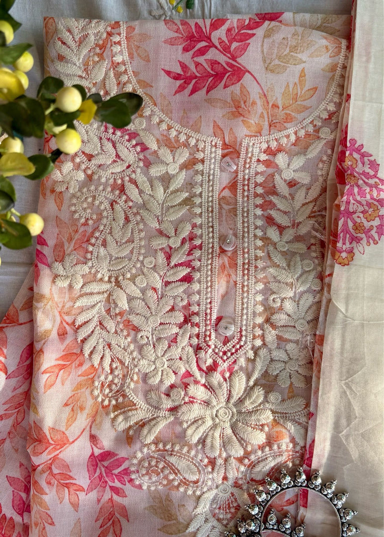 White Floral Cotton-Linen Suit & Cotton Dupatta