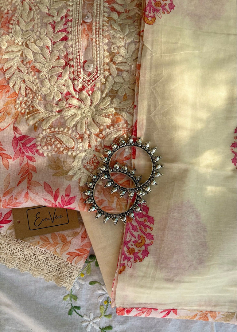 White Floral Cotton-Linen Suit & Cotton Dupatta