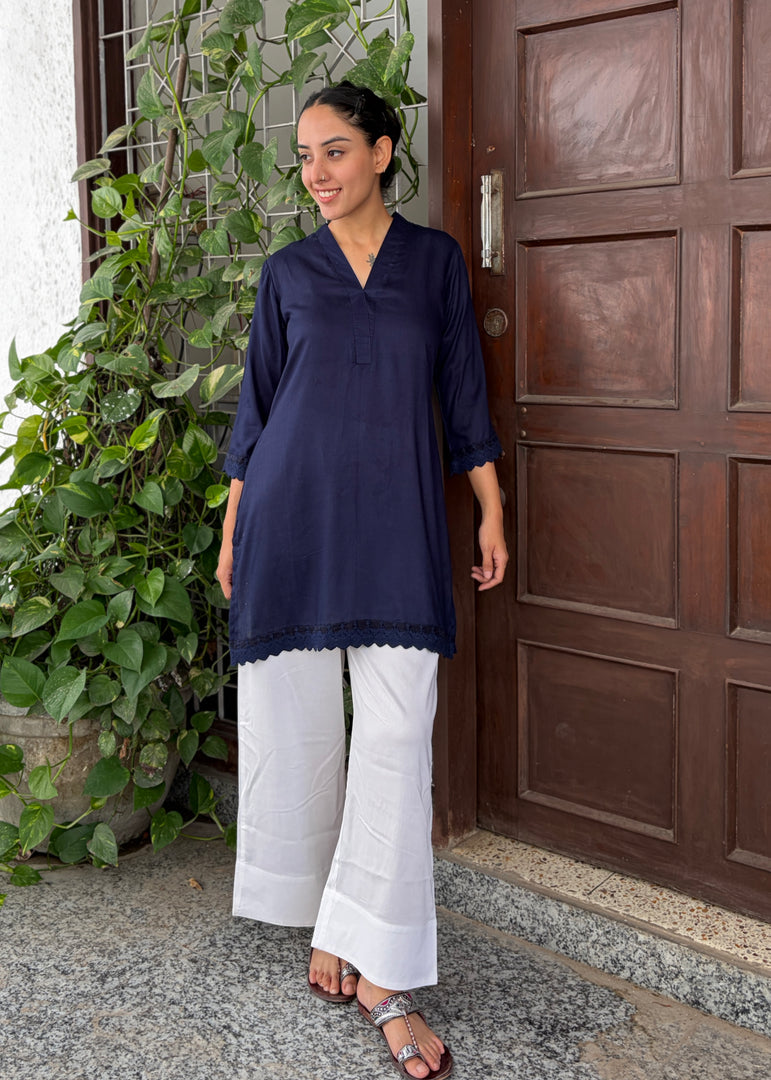 Navy Blue - White Rayon Coord