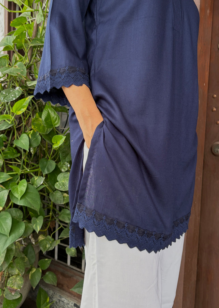 Navy Blue - White Rayon Coord