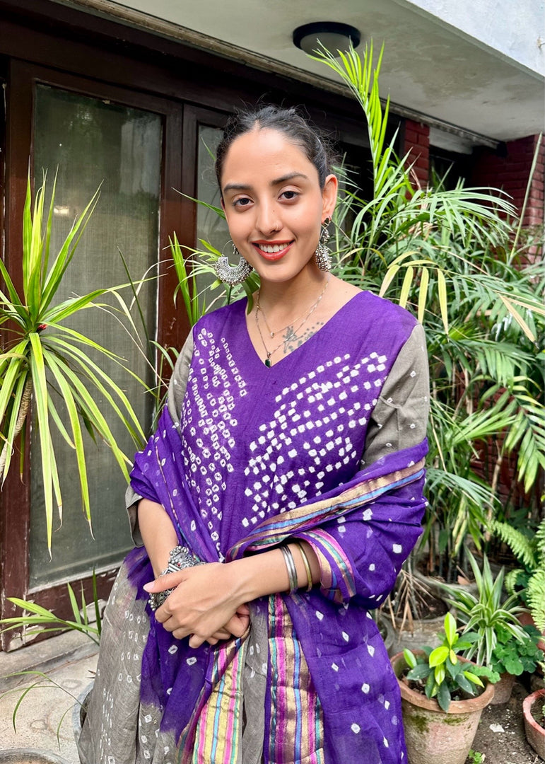 Purple Grey Cotton Bandhani Suit & Dupatta
