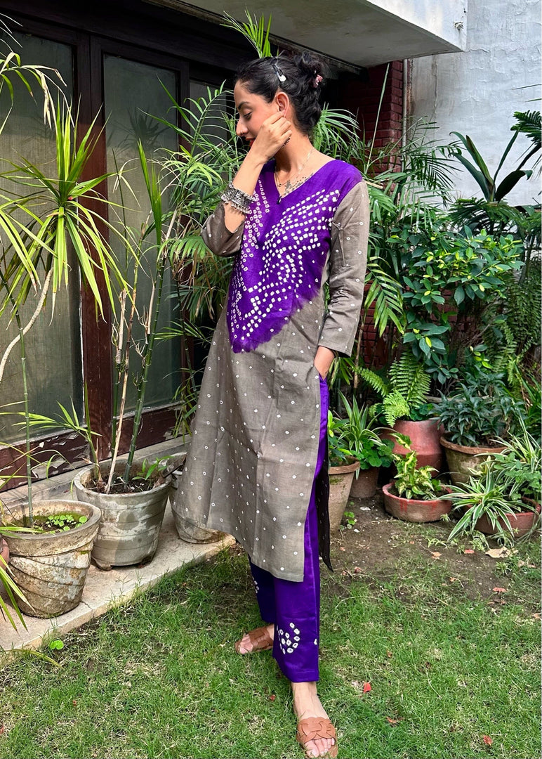 Purple Grey Cotton Bandhani Suit & Dupatta