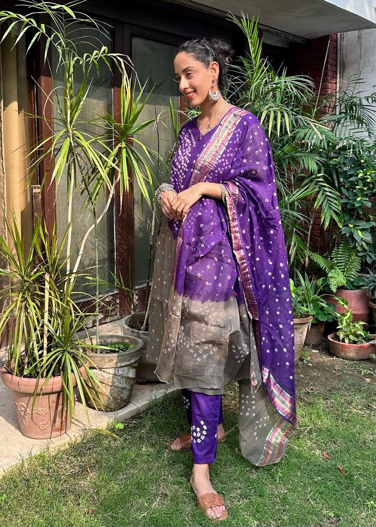 Purple Grey Cotton Bandhani Suit & Dupatta