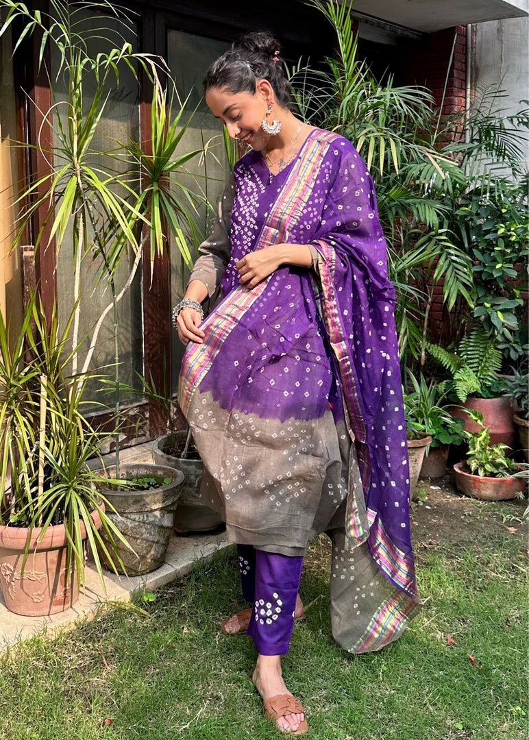 Purple Grey Cotton Bandhani Suit & Dupatta