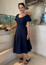 Load image into Gallery viewer, Navy Cotton Gauze Fit &amp; Flare Dress