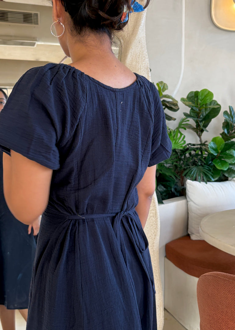 Navy Cotton Gauze Fit & Flare Dress