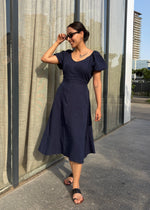 Load image into Gallery viewer, Navy Cotton Gauze Fit &amp; Flare Dress