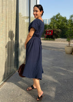 Load image into Gallery viewer, Navy Cotton Gauze Fit &amp; Flare Dress