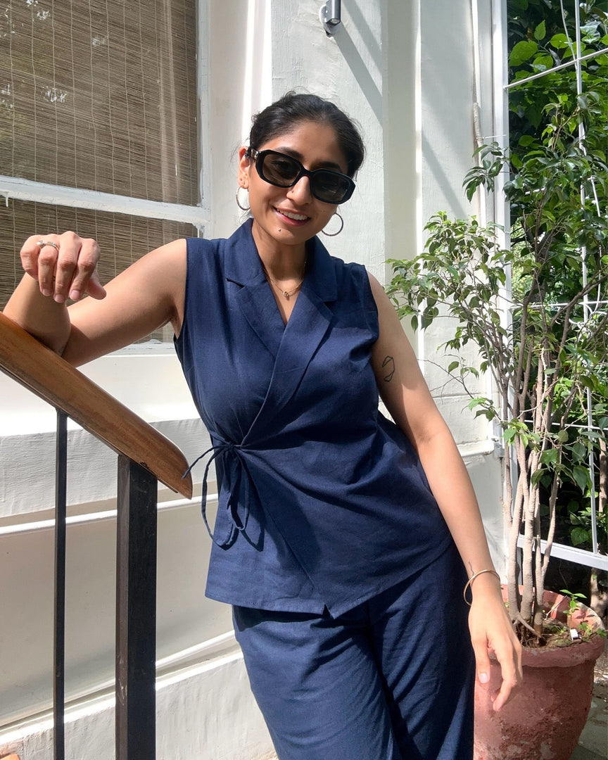 Navy Blue Cotton Linen Wrap Top Coord