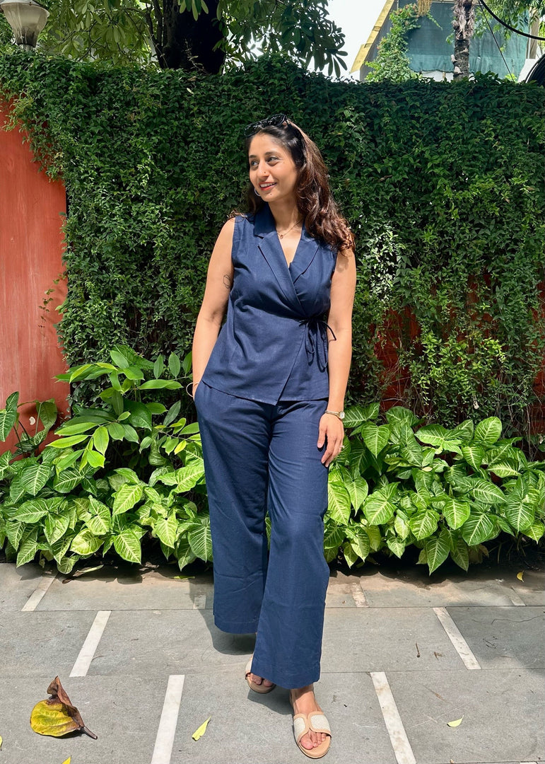 Navy Blue Cotton Linen Wrap Top Coord