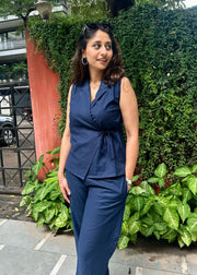 Navy Blue Cotton Linen Wrap Top Coord
