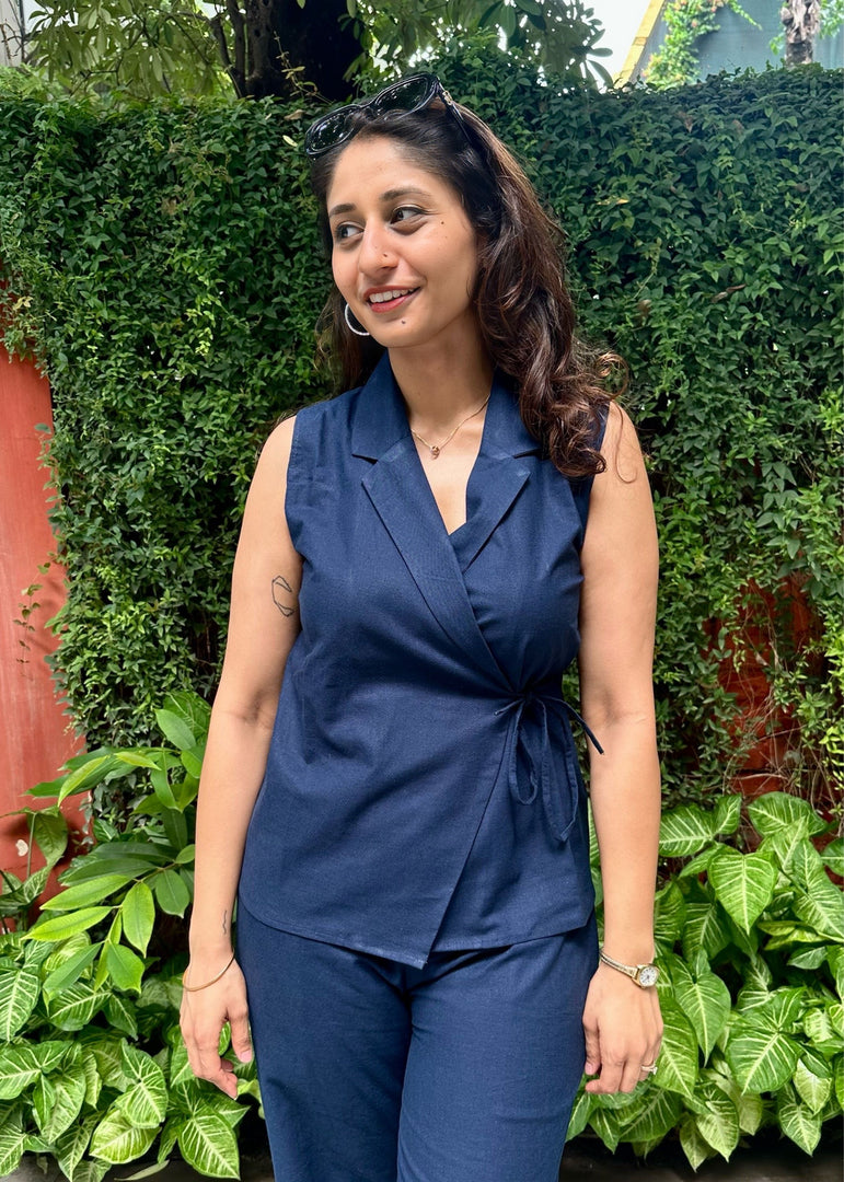 Navy Blue Cotton Linen Wrap Top Coord
