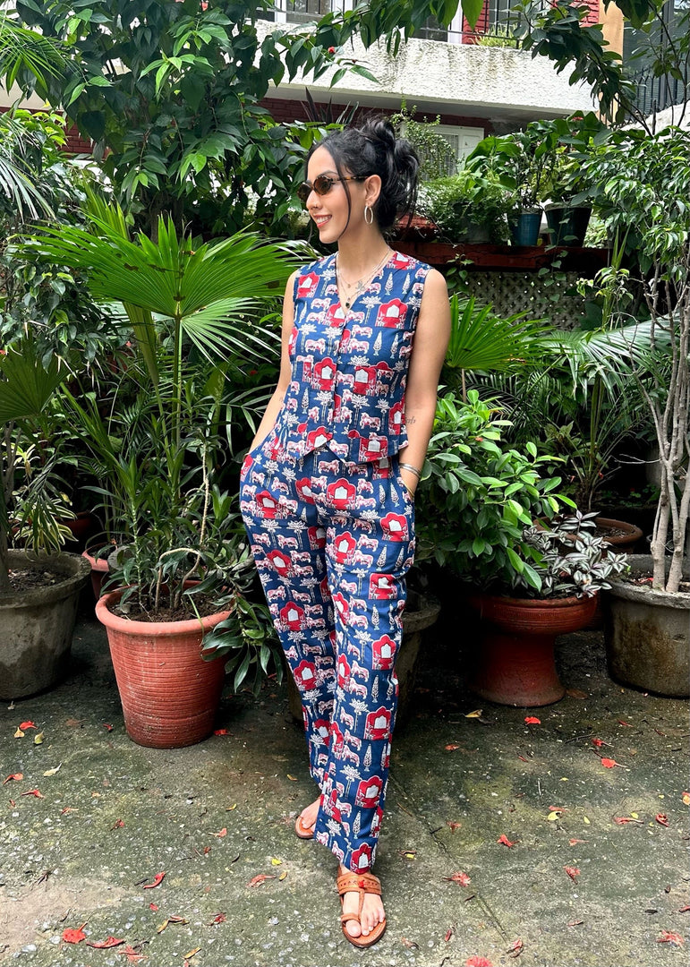 Blue Printed Cotton Waistcoat Coord