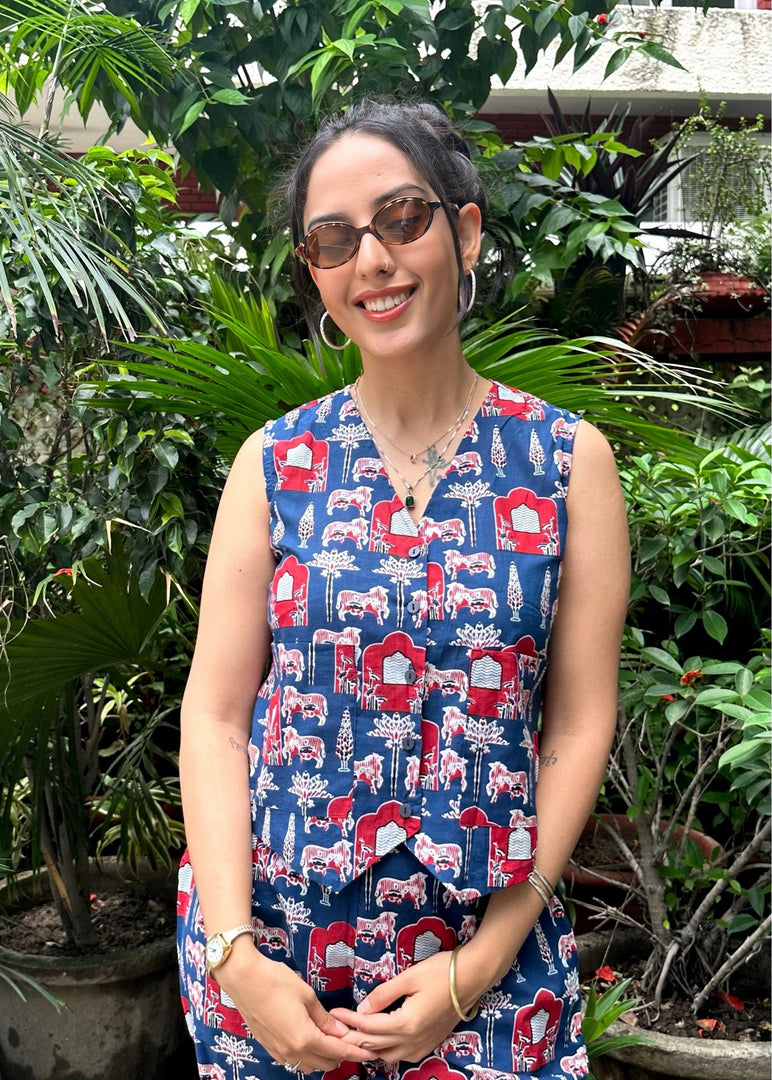 Blue Printed Cotton Waistcoat Coord