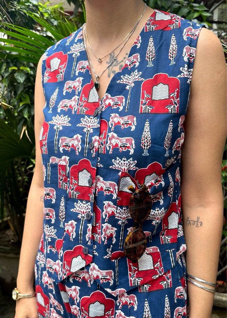 Blue Printed Cotton Waistcoat Coord