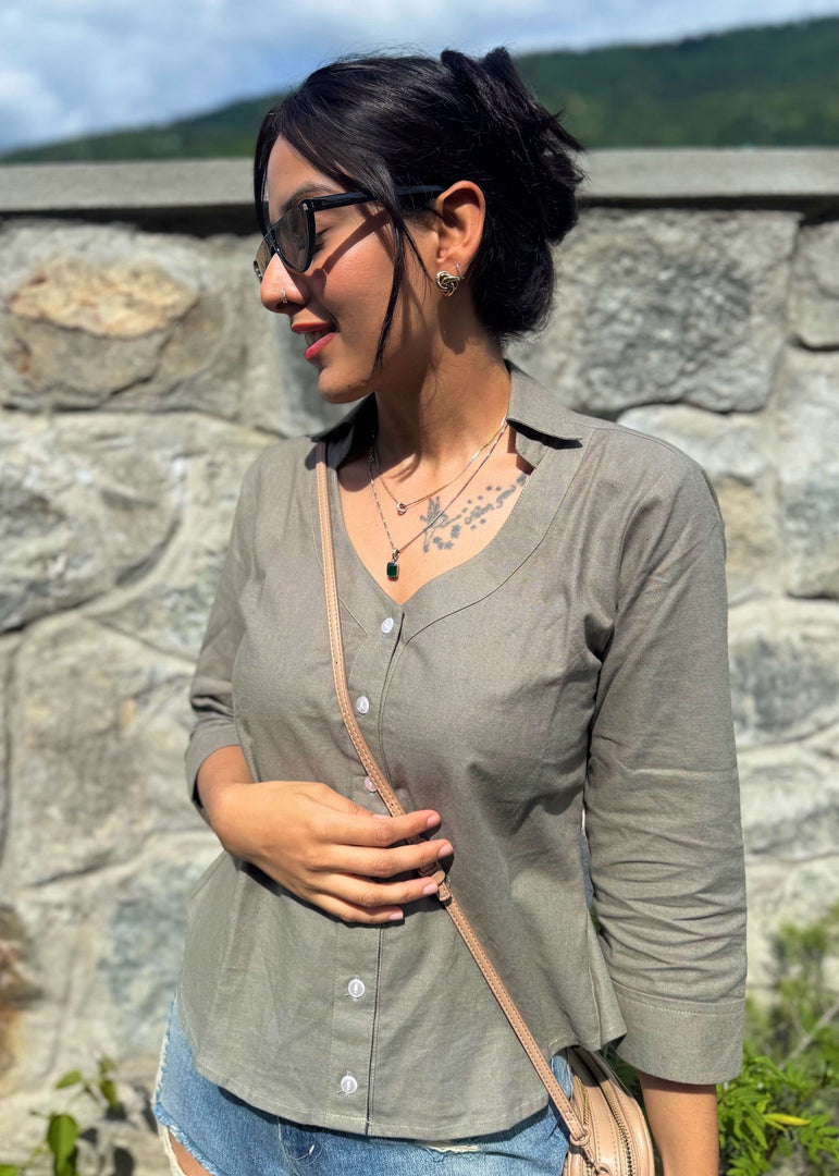 Olive Green Cotton Flex Button Down Shirt