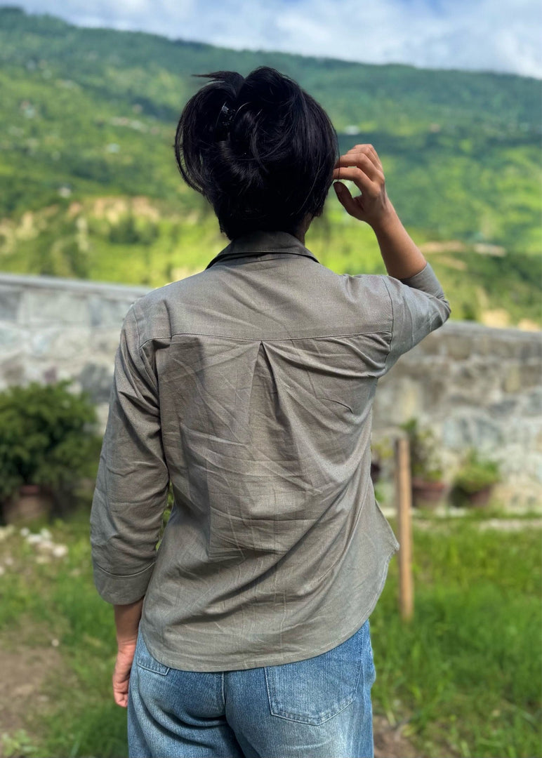 Olive Green Cotton Flex Button Down Shirt