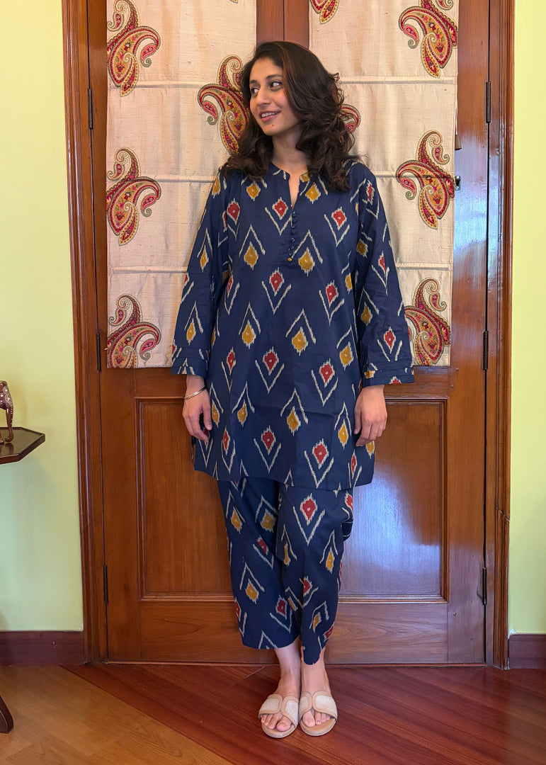 A-line Blue Ikat Coord with Bell Sleeves