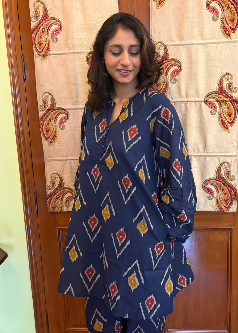 A-line Blue Ikat Coord with Bell Sleeves