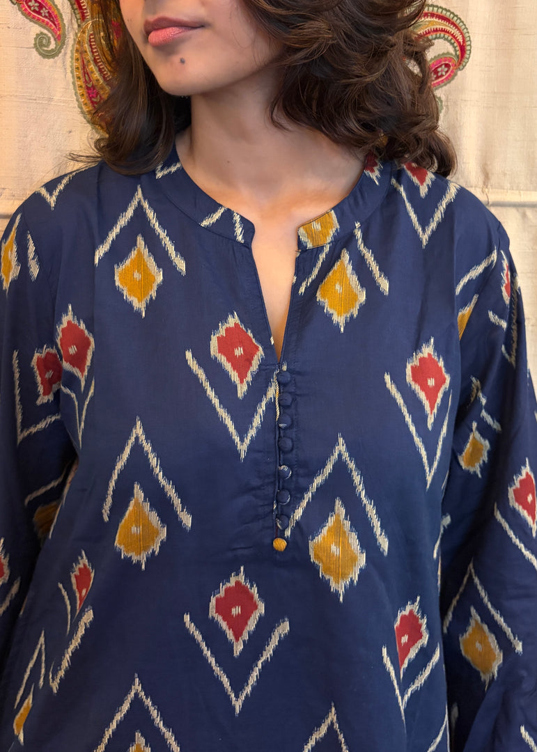 A-line Blue Ikat Coord with Bell Sleeves