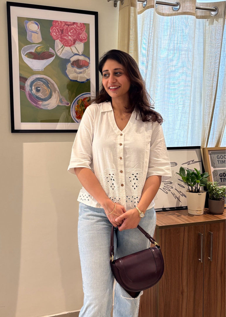 White Cotton Schiffli Cropped Shirt