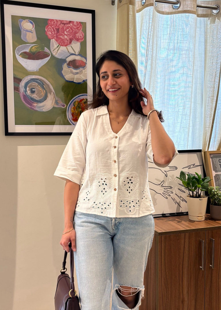 White Cotton Schiffli Cropped Shirt