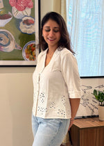 Load image into Gallery viewer, White Cotton Schiffli Cropped Shirt
