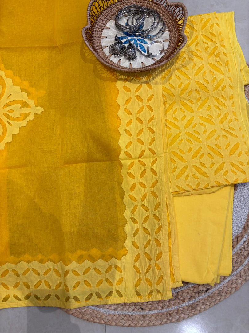 Yellow Cotton Applique Suit & Dupatta