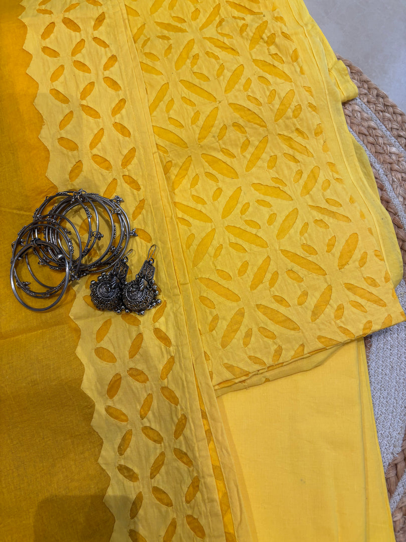Yellow Cotton Applique Suit & Dupatta